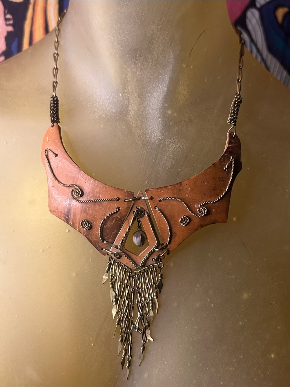 Handcrafted Copper Statement Necklace with Fringe tribal chest plate